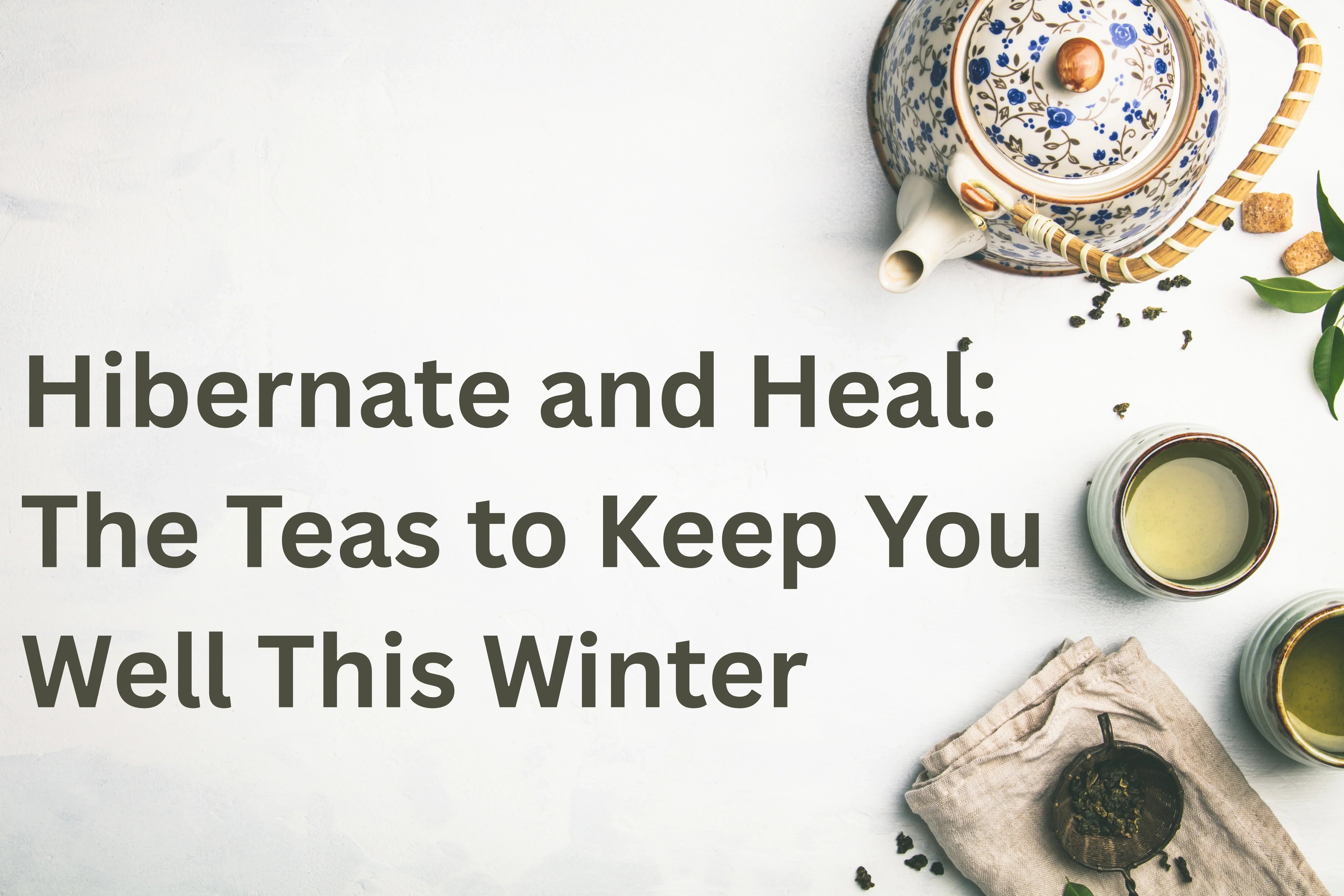 Hibernate and Heal Hero Image with two cups of tea, an ornate tea pot, and some tea leaves.
