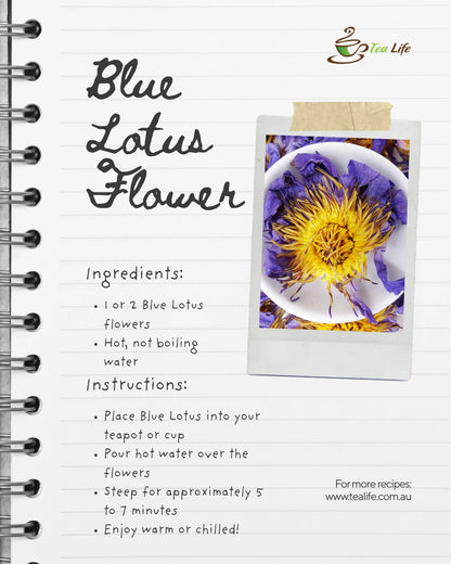 Tea recipe card for Blue Lotus Flower with a photo of the flower and instructions.
